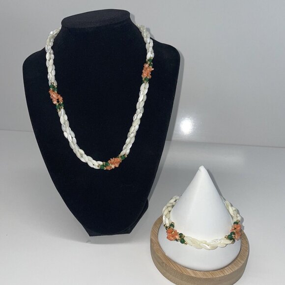 VTG Muli-Strand Rice Twisted Mother of Pearl Jade Coral Necklace & Bracelet N6 - Picture 11 of 11